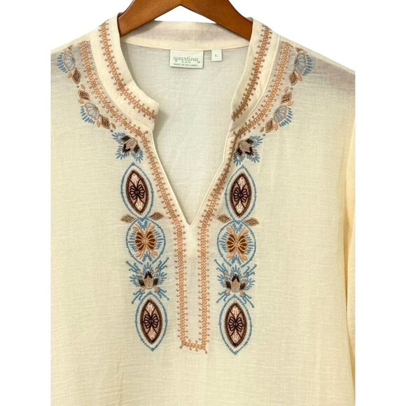 Spartina 449 Analyn Embroidered Tunic Blouse 100% Cotton Gauze Sheer Boho Size L - Picture 2 of 11
